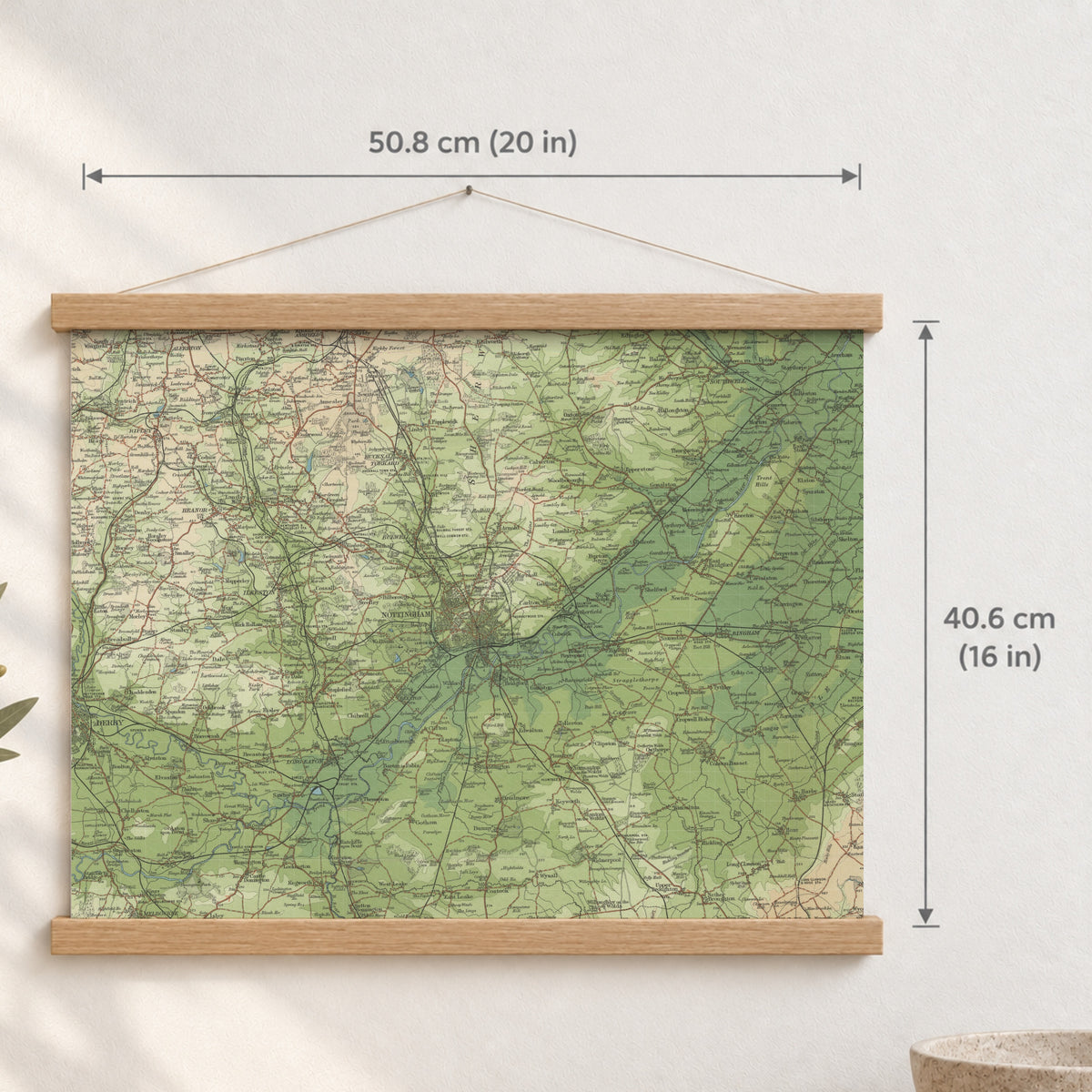 Nottingham historic map print, Bartholomew Half-Inch, 1902 — 20 × 16 in · landscape, Canvas, black hanger and Canvas, natural oak hanger and Canvas, white hanger and Fine art paper, black hanger and Fine art paper, natural oak hanger and Fine art paper, no hanger and Fine art paper, white hanger, hanger front mockup