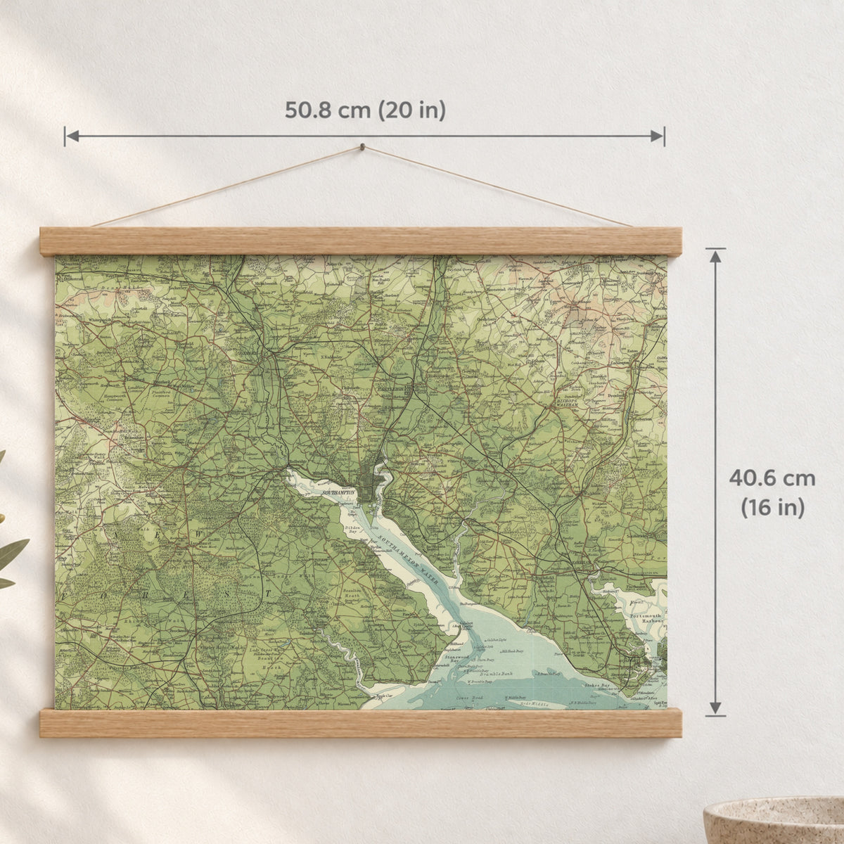 Southampton historic map print, Bartholomew Half-Inch, 1902 — 20 × 16 in · landscape, Canvas, black hanger and Canvas, natural oak hanger and Canvas, white hanger and Fine art paper, black hanger and Fine art paper, natural oak hanger and Fine art paper, no hanger and Fine art paper, white hanger, hanger front mockup
