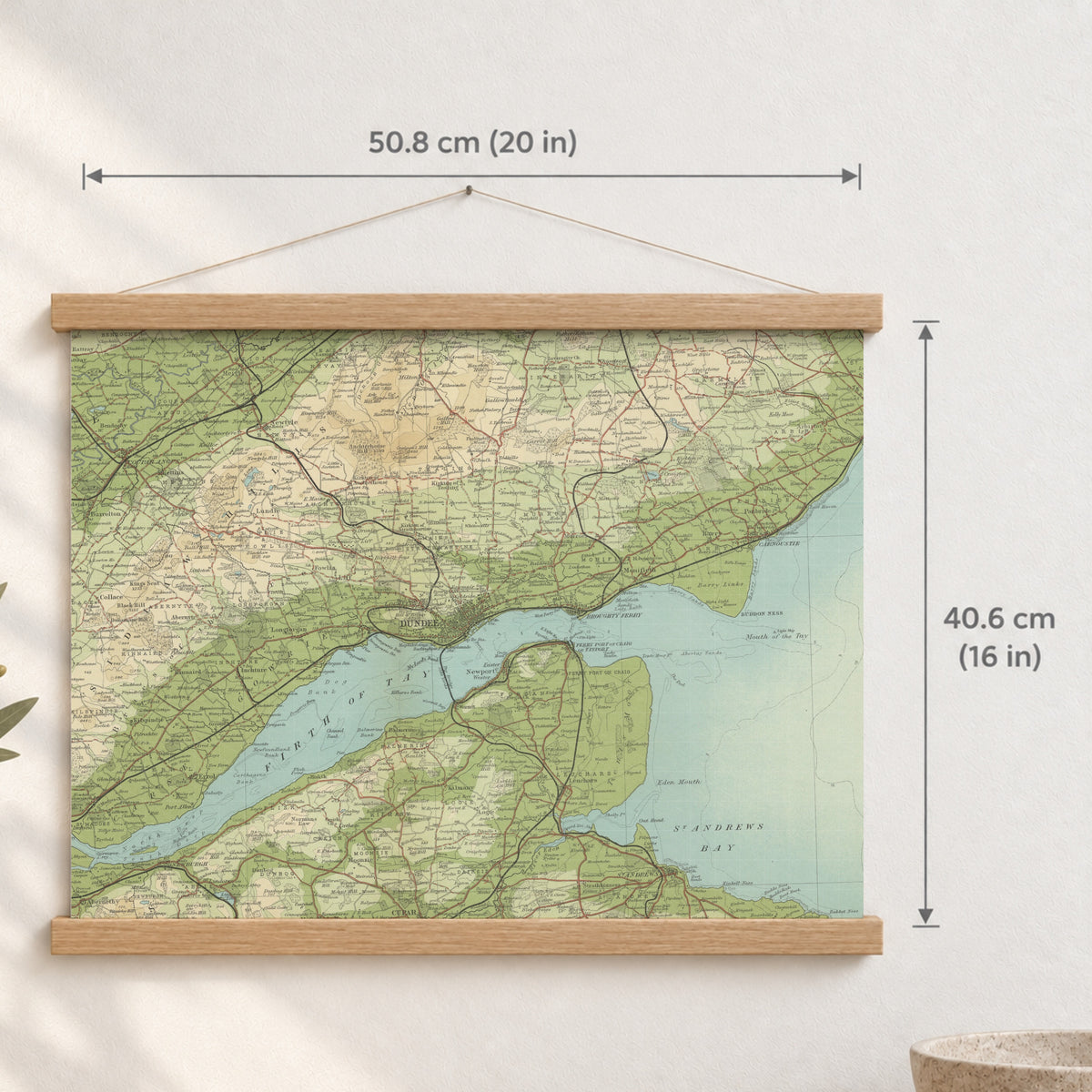Dundee historic map print, Bartholomew Half-Inch, 1903 — 20 × 16 in · landscape, Canvas, black hanger and Canvas, natural oak hanger and Canvas, white hanger and Fine art paper, black hanger and Fine art paper, natural oak hanger and Fine art paper, no hanger and Fine art paper, white hanger, hanger front mockup