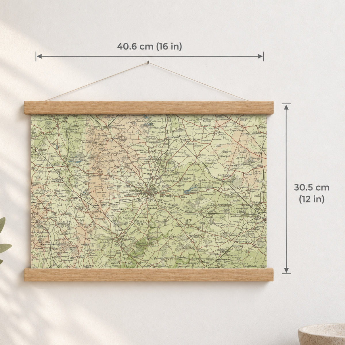 Coventry historic map print, Bartholomew Half-Inch, 1903 — 16 × 12 in · landscape, Canvas, black hanger and Canvas, natural oak hanger and Canvas, white hanger and Fine art paper, black hanger and Fine art paper, natural oak hanger and Fine art paper, no hanger and Fine art paper, white hanger, hanger front mockup