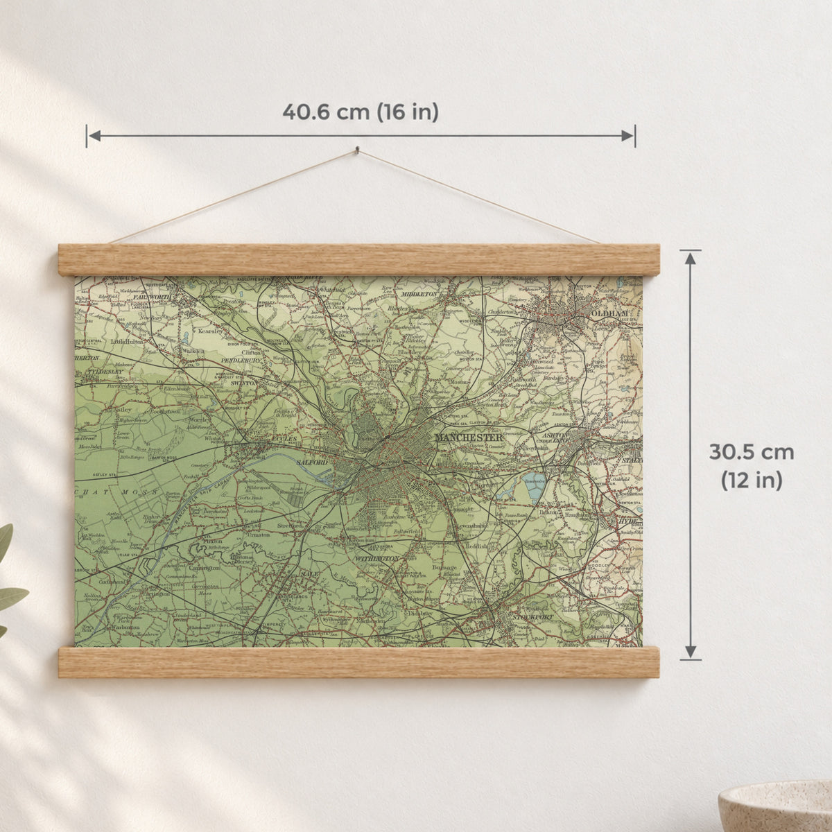 Manchester historic map print, Bartholomew Half-Inch, 1904 — 16 × 12 in · landscape, Canvas, black hanger and Canvas, natural oak hanger and Canvas, white hanger and Fine art paper, black hanger and Fine art paper, natural oak hanger and Fine art paper, no hanger and Fine art paper, white hanger, hanger front mockup