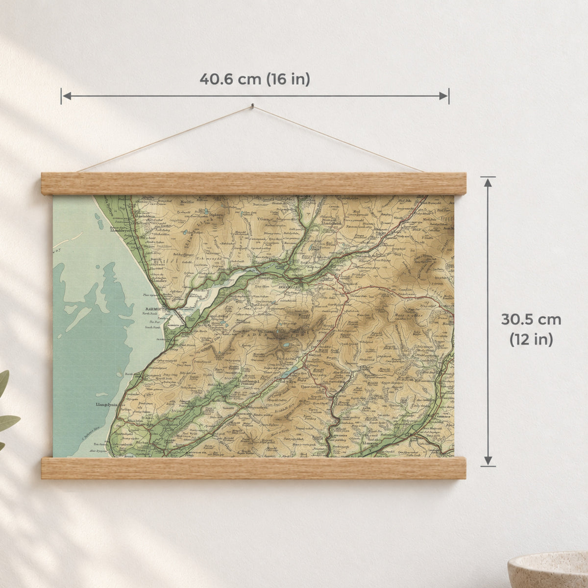Barmouth historic map print, Bartholomew Half-Inch, 1905 — 16 × 12 in · landscape, Canvas, black hanger and Canvas, natural oak hanger and Canvas, white hanger and Fine art paper, black hanger and Fine art paper, natural oak hanger and Fine art paper, no hanger and Fine art paper, white hanger, hanger front mockup