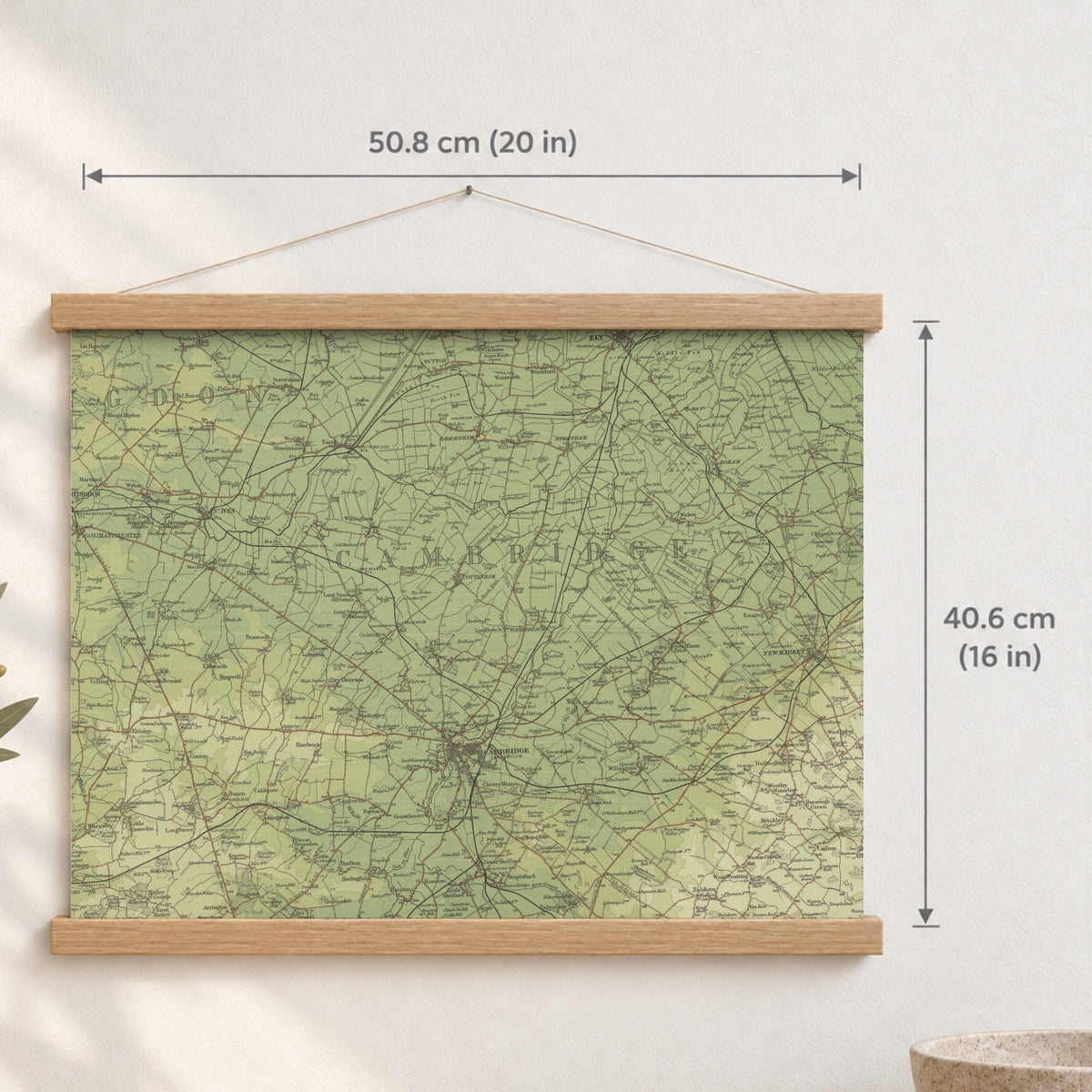 Cambridge historic map print, Bartholomew Half-Inch, 1902 — 20 × 16 in · landscape, Canvas, black hanger and Canvas, natural oak hanger and Canvas, white hanger and Fine art paper, black hanger and Fine art paper, natural oak hanger and Fine art paper, no hanger and Fine art paper, white hanger, hanger front mockup