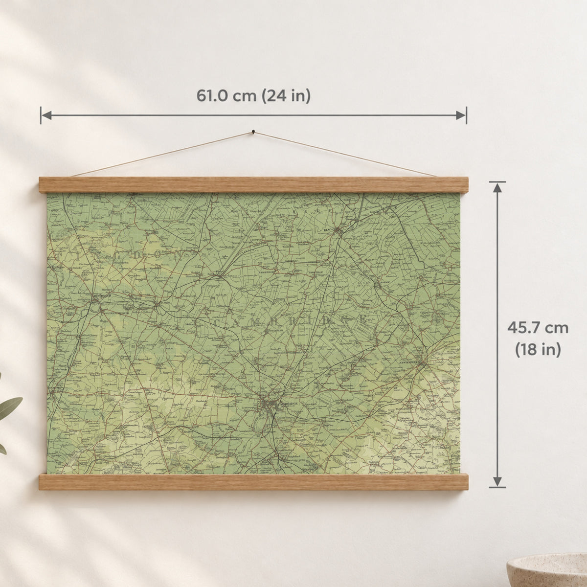 Cambridge historic map print, Bartholomew Half-Inch, 1902 — 24 × 18 in · landscape, Canvas, black hanger and Canvas, natural oak hanger and Canvas, white hanger and Fine art paper, black hanger and Fine art paper, natural oak hanger and Fine art paper, no hanger and Fine art paper, white hanger, hanger front mockup