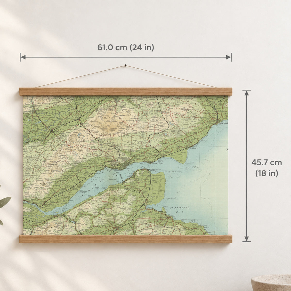 Dundee historic map print, Bartholomew Half-Inch, 1903 — 24 × 18 in · landscape, Canvas, black hanger and Canvas, natural oak hanger and Canvas, white hanger and Fine art paper, black hanger and Fine art paper, natural oak hanger and Fine art paper, no hanger and Fine art paper, white hanger, hanger front mockup