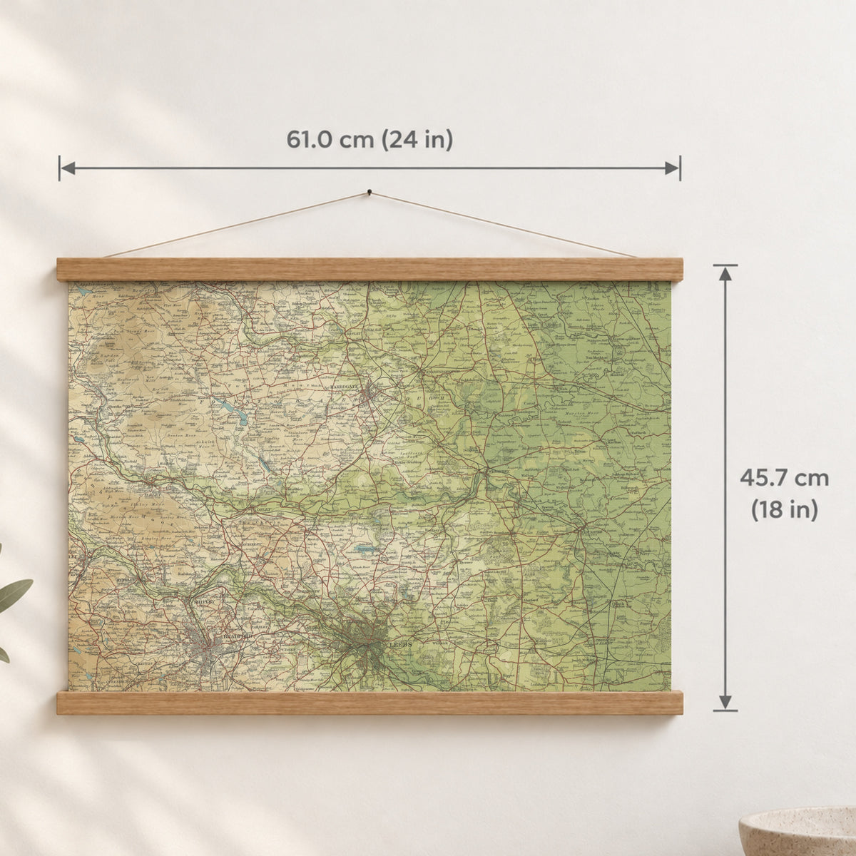 Leeds historic map print, Bartholomew Half-Inch, 1906 — 24 × 18 in · landscape, Canvas, black hanger and Canvas, natural oak hanger and Canvas, white hanger and Fine art paper, black hanger and Fine art paper, natural oak hanger and Fine art paper, no hanger and Fine art paper, white hanger, hanger front mockup