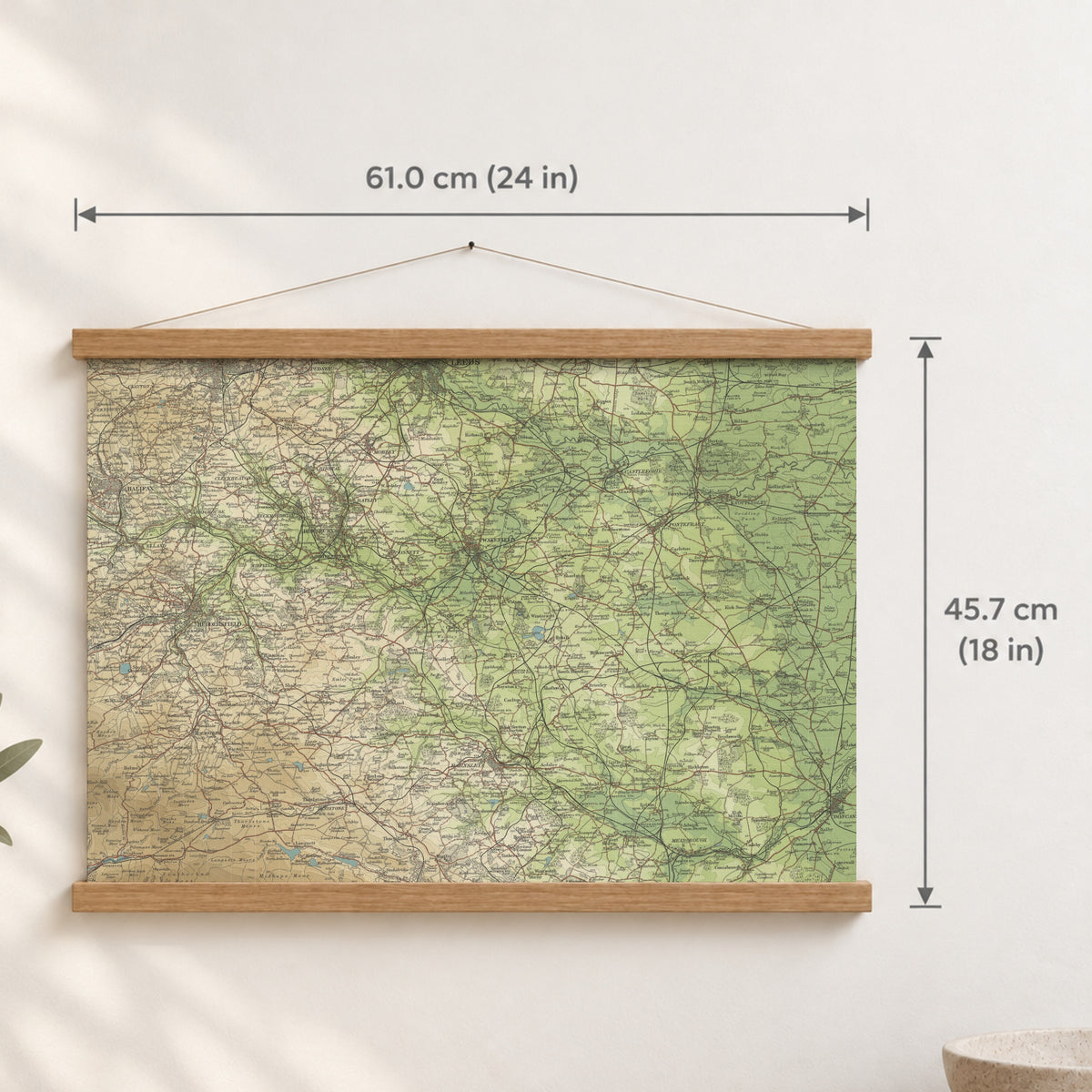 Wakefield historic map print, Bartholomew Half-Inch, 1904 — 24 × 18 in · landscape, Canvas, black hanger and Canvas, natural oak hanger and Canvas, white hanger and Fine art paper, black hanger and Fine art paper, natural oak hanger and Fine art paper, no hanger and Fine art paper, white hanger, hanger front mockup