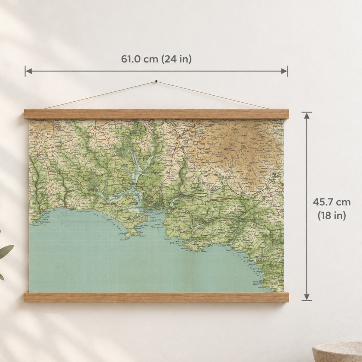Plymouth historic map print, Bartholomew Half-Inch, 1903 — 24 × 18 in · landscape, Canvas, black hanger and Canvas, natural oak hanger and Canvas, white hanger and Fine art paper, black hanger and Fine art paper, natural oak hanger and Fine art paper, no hanger and Fine art paper, white hanger, hanger front mockup