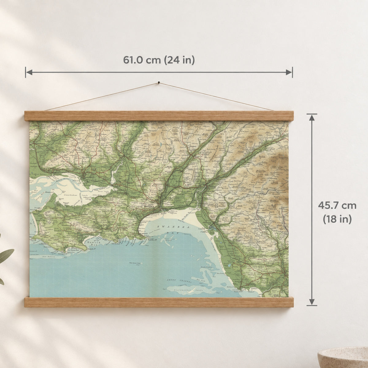 Swansea historic map print, Bartholomew Half-Inch, 1904 — 24 × 18 in · landscape, Canvas, black hanger and Canvas, natural oak hanger and Canvas, white hanger and Fine art paper, black hanger and Fine art paper, natural oak hanger and Fine art paper, no hanger and Fine art paper, white hanger, hanger front mockup