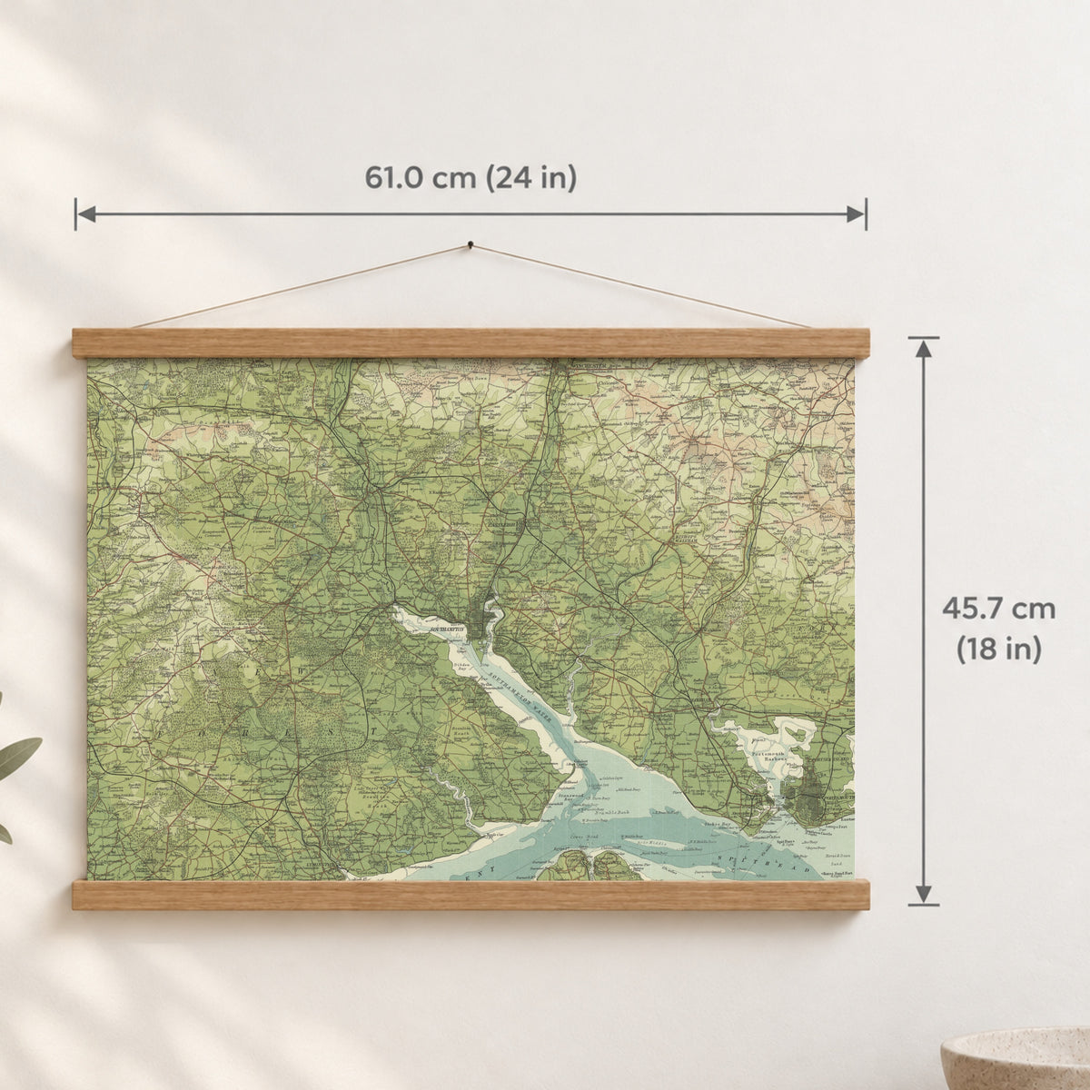 Southampton historic map print, Bartholomew Half-Inch, 1902 — 24 × 18 in · landscape, Canvas, black hanger and Canvas, natural oak hanger and Canvas, white hanger and Fine art paper, black hanger and Fine art paper, natural oak hanger and Fine art paper, no hanger and Fine art paper, white hanger, hanger front mockup