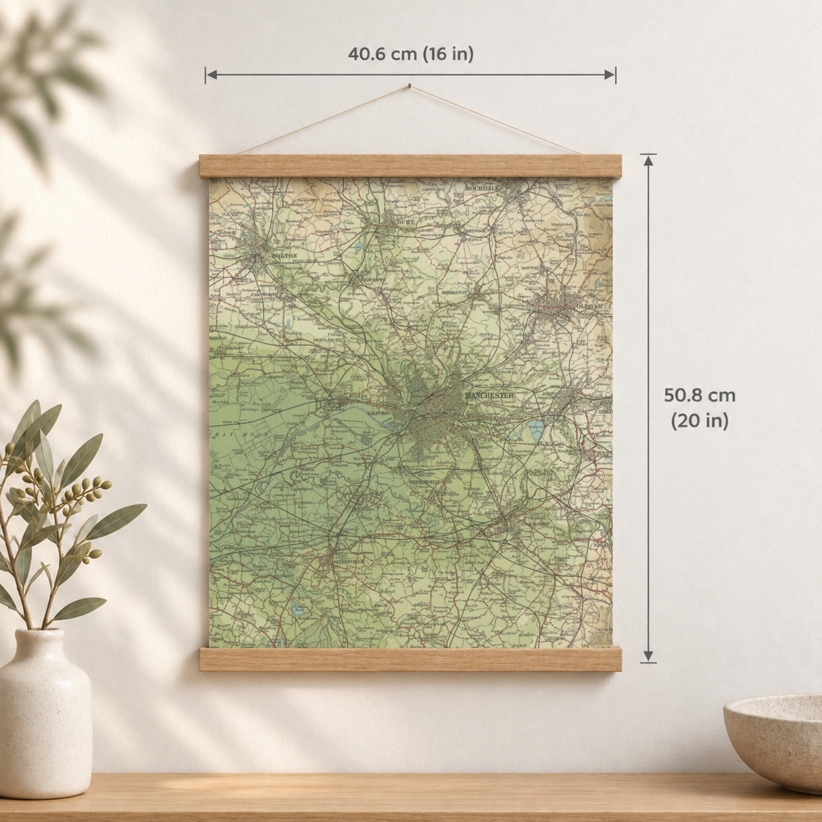 Manchester historic map print, Bartholomew Half-Inch, 1904 — 16 × 20 in · portrait, Canvas, black hanger and Canvas, natural oak hanger and Canvas, white hanger and Fine art paper, black hanger and Fine art paper, natural oak hanger and Fine art paper, no hanger and Fine art paper, white hanger, hanger front mockup
