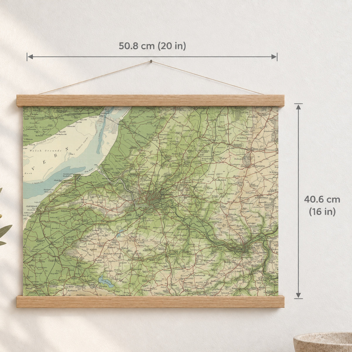 Bristol historic map print, Bartholomew Half-Inch, 1904 — 20 × 16 in · landscape, Canvas, black hanger and Canvas, natural oak hanger and Canvas, white hanger and Fine art paper, black hanger and Fine art paper, natural oak hanger and Fine art paper, no hanger and Fine art paper, white hanger, hanger front mockup