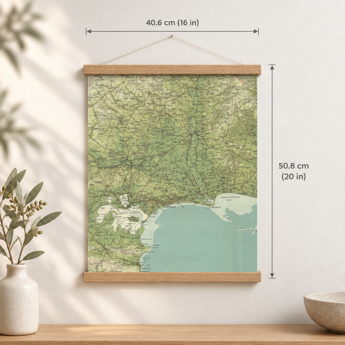 Bournemouth historic map print, Bartholomew Half-Inch, 1902 — 16 × 20 in · portrait, Canvas, black hanger and Canvas, natural oak hanger and Canvas, white hanger and Fine art paper, black hanger and Fine art paper, natural oak hanger and Fine art paper, no hanger and Fine art paper, white hanger, hanger front mockup