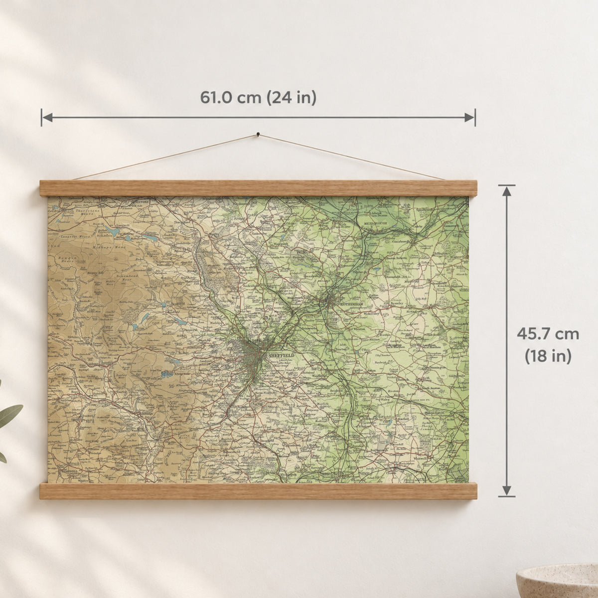 Sheffield historic map print, Bartholomew Half-Inch, 1904 — 24 × 18 in · landscape, Canvas, black hanger and Canvas, natural oak hanger and Canvas, white hanger and Fine art paper, black hanger and Fine art paper, natural oak hanger and Fine art paper, no hanger and Fine art paper, white hanger, hanger front mockup
