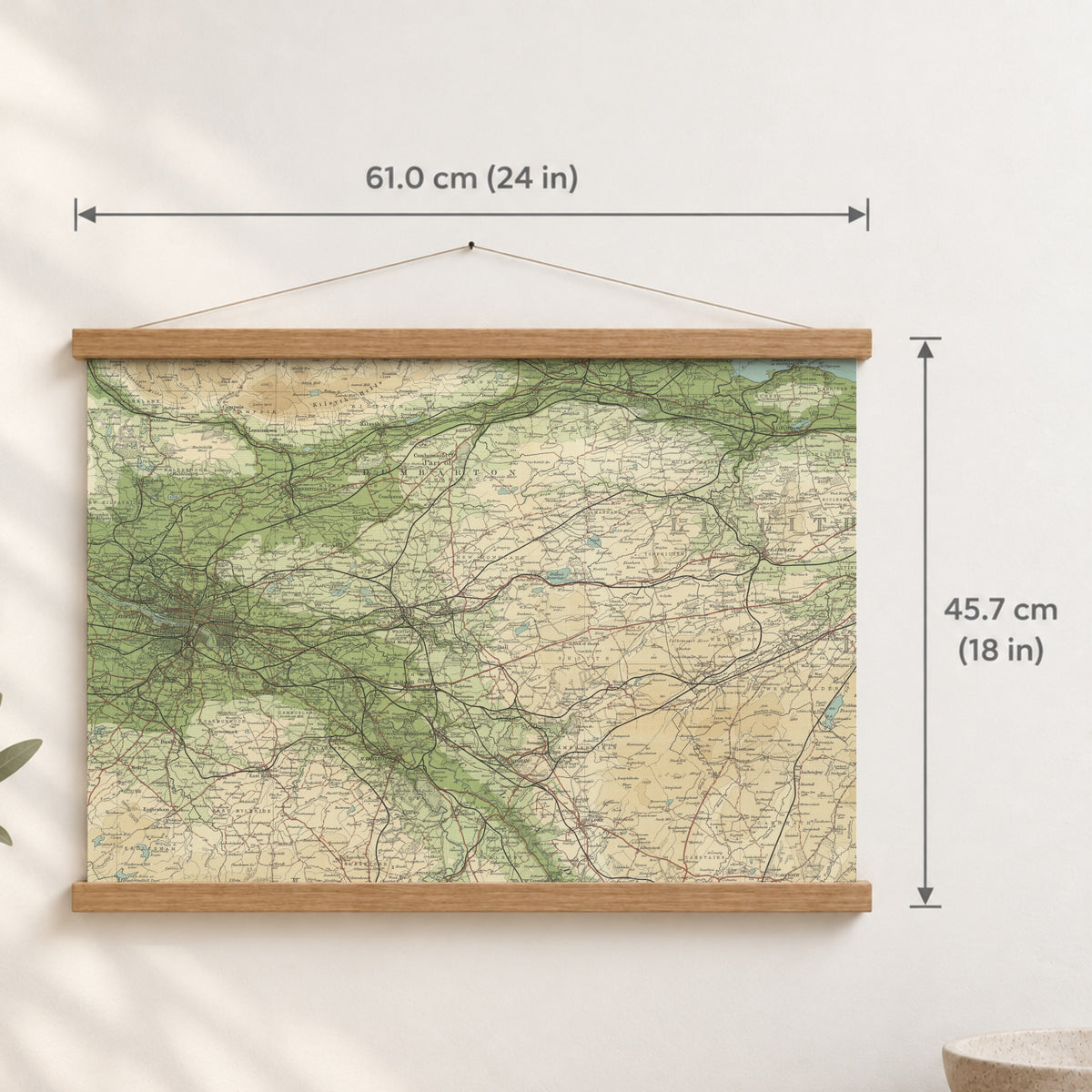 Glasgow historic map print, Bartholomew Half-Inch, 1903 — 24 × 18 in · landscape, Canvas, black hanger and Canvas, natural oak hanger and Canvas, white hanger and Fine art paper, black hanger and Fine art paper, natural oak hanger and Fine art paper, no hanger and Fine art paper, white hanger, hanger front mockup