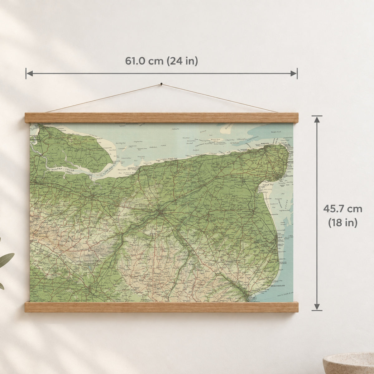 Canterbury historic map print, Bartholomew Half-Inch, 1904 — 24 × 18 in · landscape, Canvas, black hanger and Canvas, natural oak hanger and Canvas, white hanger and Fine art paper, black hanger and Fine art paper, natural oak hanger and Fine art paper, no hanger and Fine art paper, white hanger, hanger front mockup
