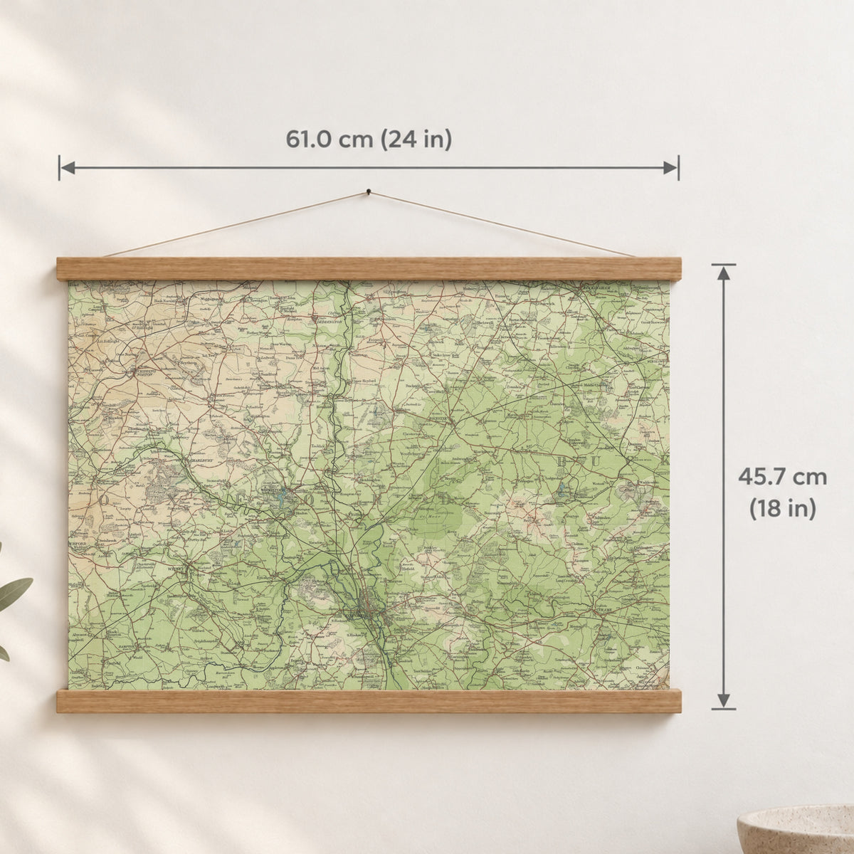 Oxford historic map print, Bartholomew Half-Inch, 1903 — 24 × 18 in · landscape, Canvas, black hanger and Canvas, natural oak hanger and Canvas, white hanger and Fine art paper, black hanger and Fine art paper, natural oak hanger and Fine art paper, no hanger and Fine art paper, white hanger, hanger front mockup