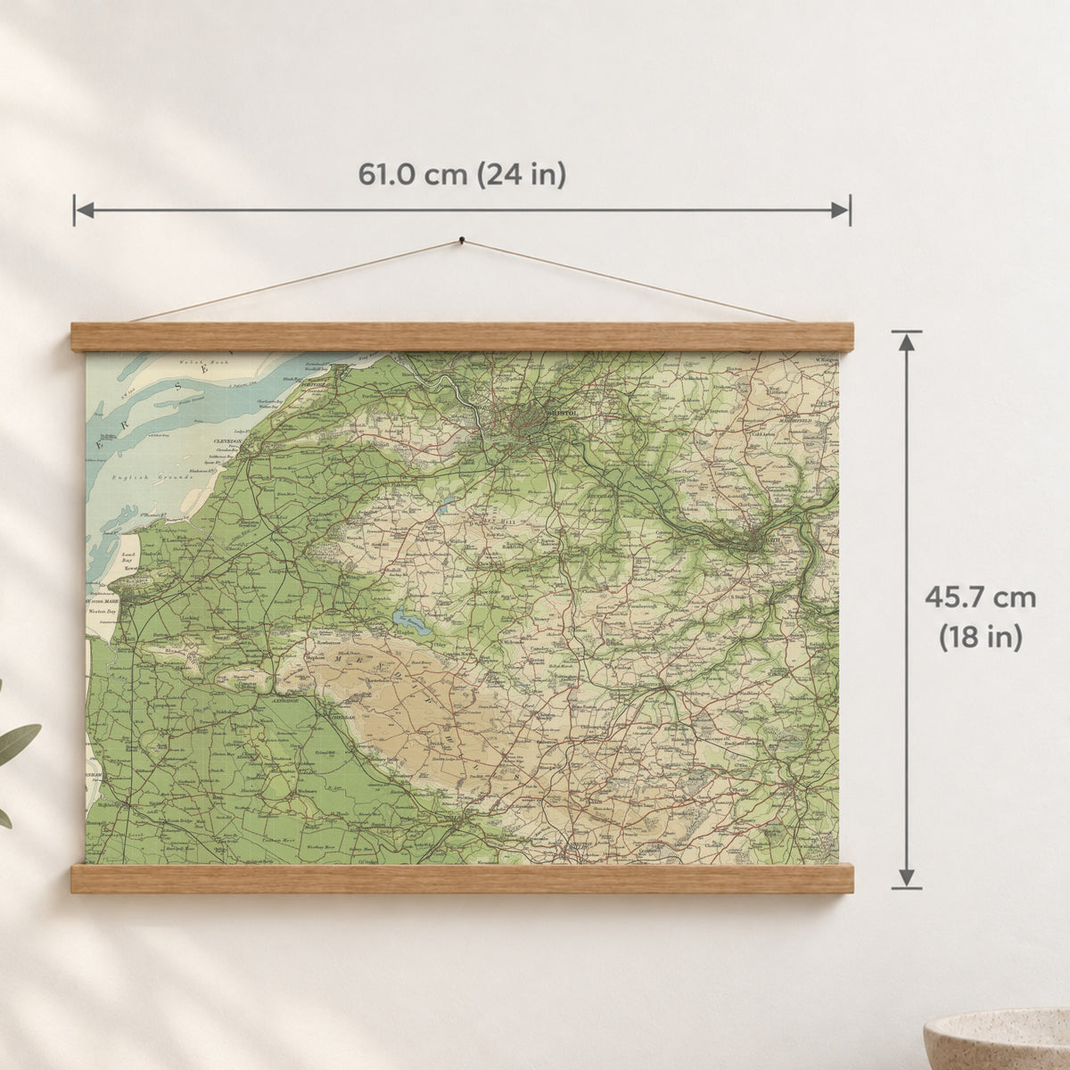 Wells historic map print, Bartholomew Half-Inch, 1904 — 24 × 18 in · landscape, Canvas, black hanger and Canvas, natural oak hanger and Canvas, white hanger and Fine art paper, black hanger and Fine art paper, natural oak hanger and Fine art paper, no hanger and Fine art paper, white hanger, hanger front mockup