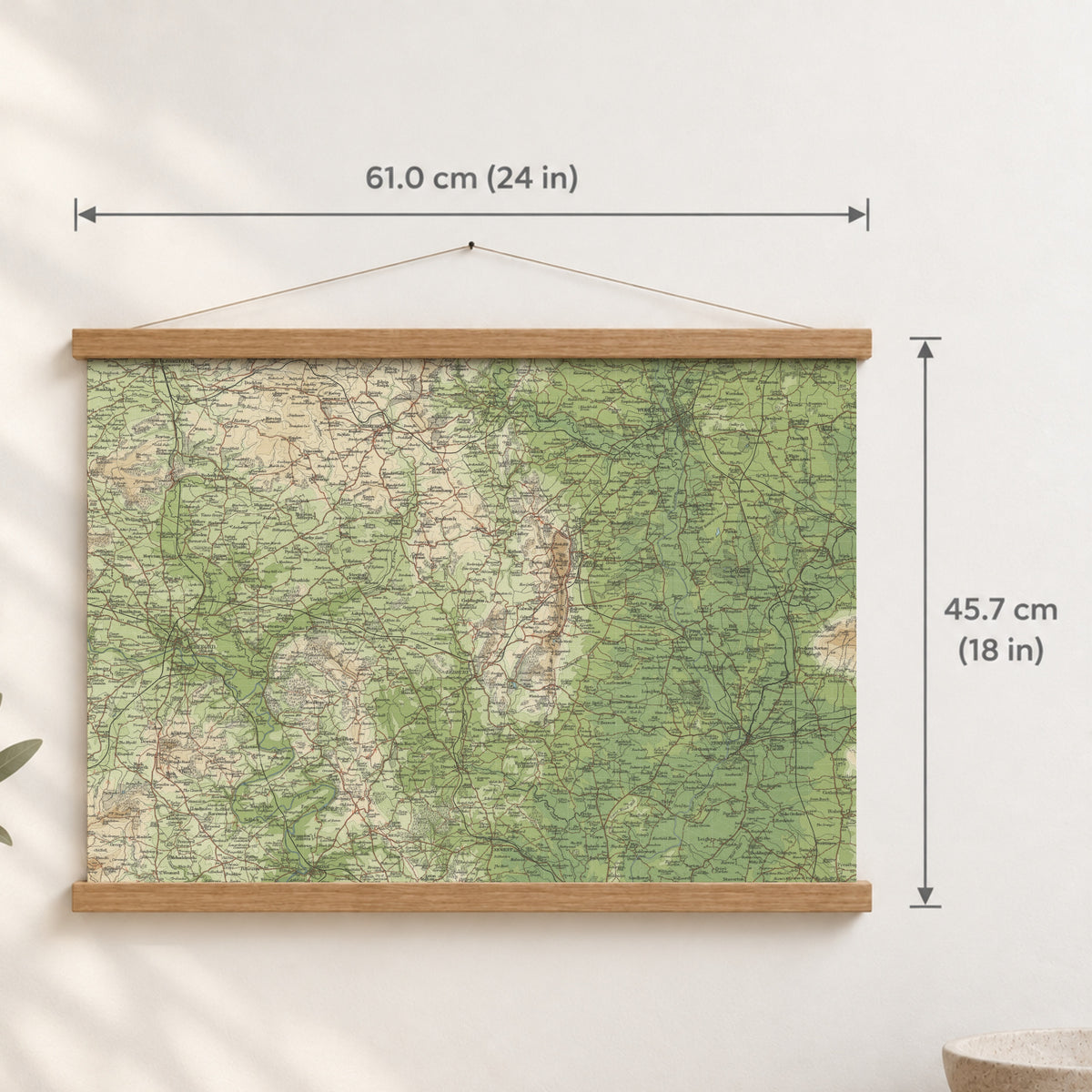 Worcester historic map print, Bartholomew Half-Inch, 1902 — 24 × 18 in · landscape, Canvas, black hanger and Canvas, natural oak hanger and Canvas, white hanger and Fine art paper, black hanger and Fine art paper, natural oak hanger and Fine art paper, no hanger and Fine art paper, white hanger, hanger front mockup
