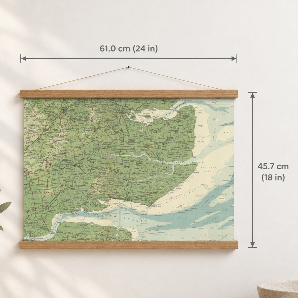 Southend-on-Sea historic map print, Bartholomew Half-Inch, 1903 — 24 × 18 in · landscape, Canvas, black hanger and Canvas, natural oak hanger and Canvas, white hanger and Fine art paper, black hanger and Fine art paper, natural oak hanger and Fine art paper, no hanger and Fine art paper, white hanger, hanger front mockup