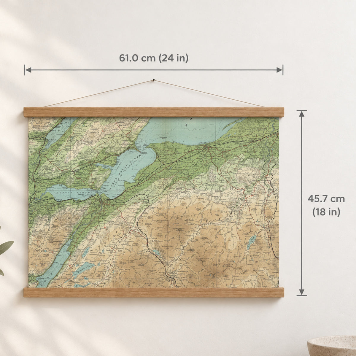 Inverness historic map print, Bartholomew Half-Inch, 1903 — 24 × 18 in · landscape, Canvas, black hanger and Canvas, natural oak hanger and Canvas, white hanger and Fine art paper, black hanger and Fine art paper, natural oak hanger and Fine art paper, no hanger and Fine art paper, white hanger, hanger front mockup