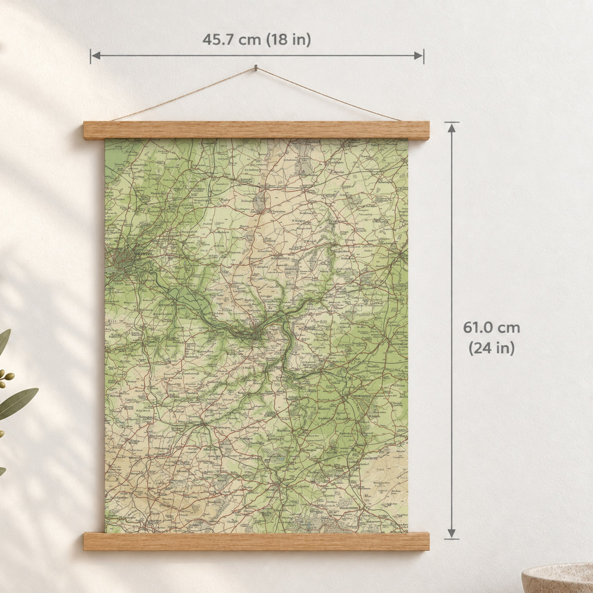 Bath historic map print, Bartholomew Half-Inch, 1904 — 18 × 24 in · portrait, Canvas, black hanger and Canvas, natural oak hanger and Canvas, white hanger and Fine art paper, black hanger and Fine art paper, natural oak hanger and Fine art paper, no hanger and Fine art paper, white hanger, hanger front mockup