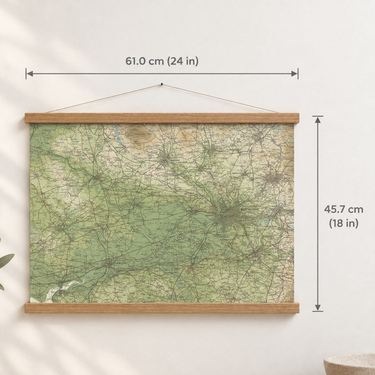 Salford historic map print, Bartholomew Half-Inch, 1904 — 24 × 18 in · landscape, Canvas, black hanger and Canvas, natural oak hanger and Canvas, white hanger and Fine art paper, black hanger and Fine art paper, natural oak hanger and Fine art paper, no hanger and Fine art paper, white hanger, hanger front mockup