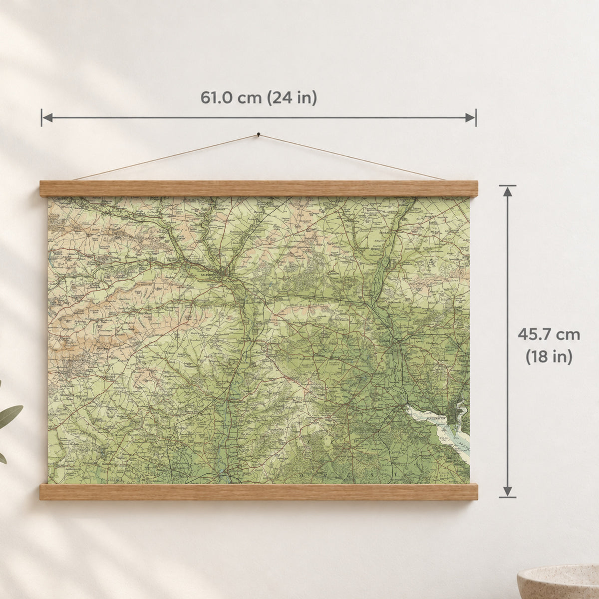 Salisbury historic map print, Bartholomew Half-Inch, 1902 — 24 × 18 in · landscape, Canvas, black hanger and Canvas, natural oak hanger and Canvas, white hanger and Fine art paper, black hanger and Fine art paper, natural oak hanger and Fine art paper, no hanger and Fine art paper, white hanger, hanger front mockup