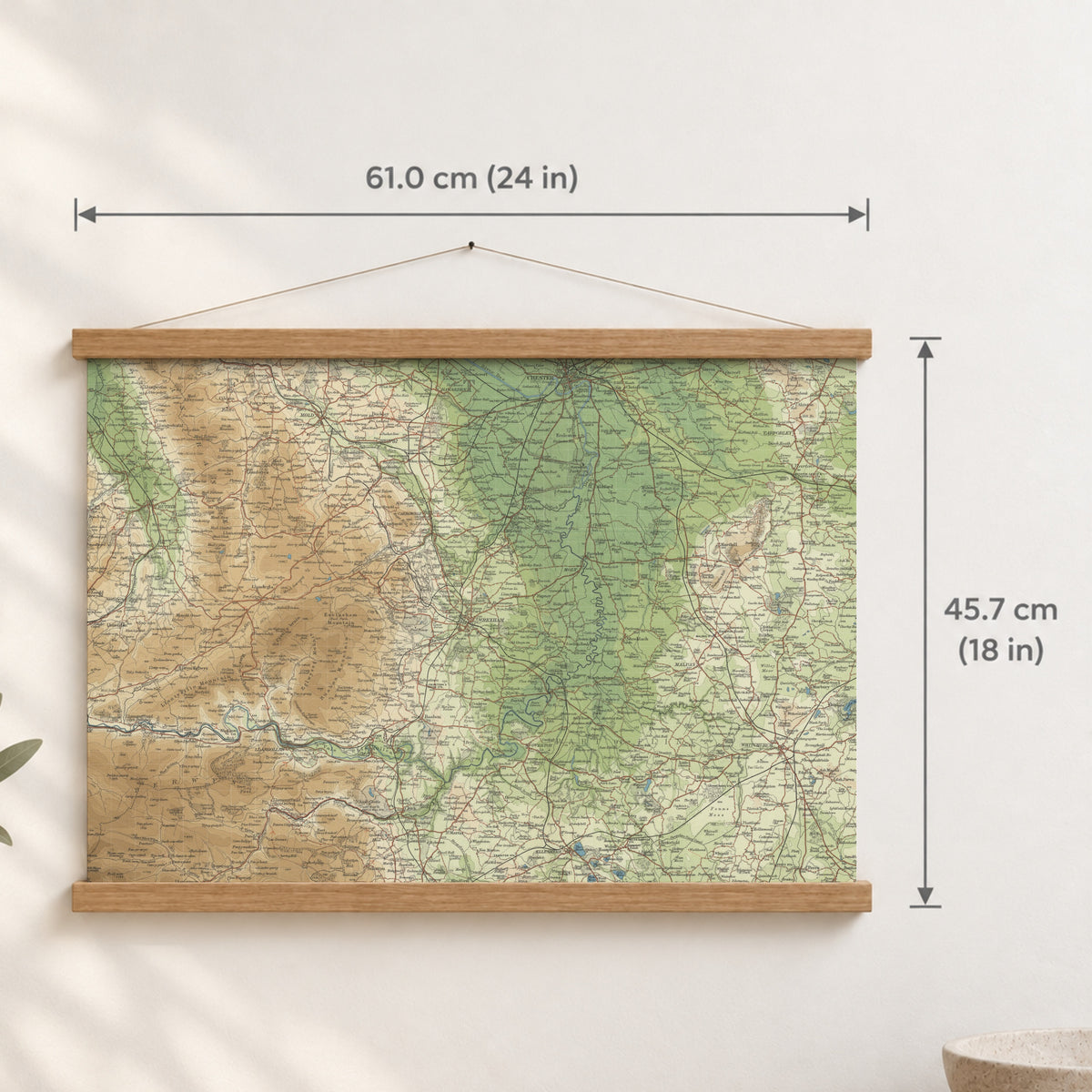 Wrexham historic map print, Bartholomew Half-Inch, 1902 — 24 × 18 in · landscape, Canvas, black hanger and Canvas, natural oak hanger and Canvas, white hanger and Fine art paper, black hanger and Fine art paper, natural oak hanger and Fine art paper, no hanger and Fine art paper, white hanger, hanger front mockup