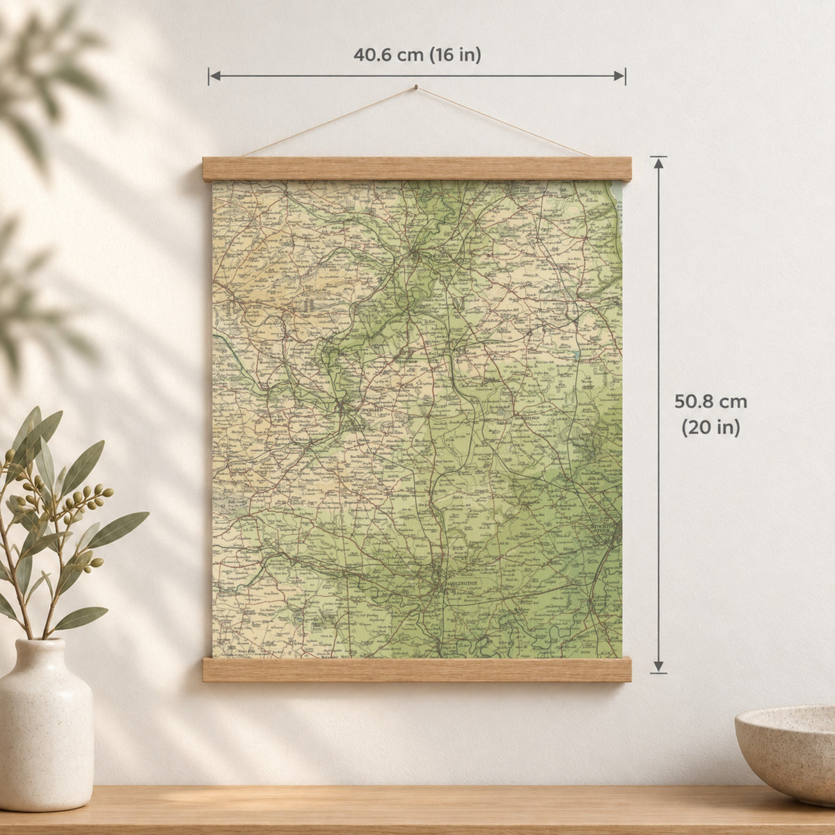 Durham historic map print, Bartholomew Half-Inch, 1904 — 16 × 20 in · portrait, Canvas, black hanger and Canvas, natural oak hanger and Canvas, white hanger and Fine art paper, black hanger and Fine art paper, natural oak hanger and Fine art paper, no hanger and Fine art paper, white hanger, hanger front mockup