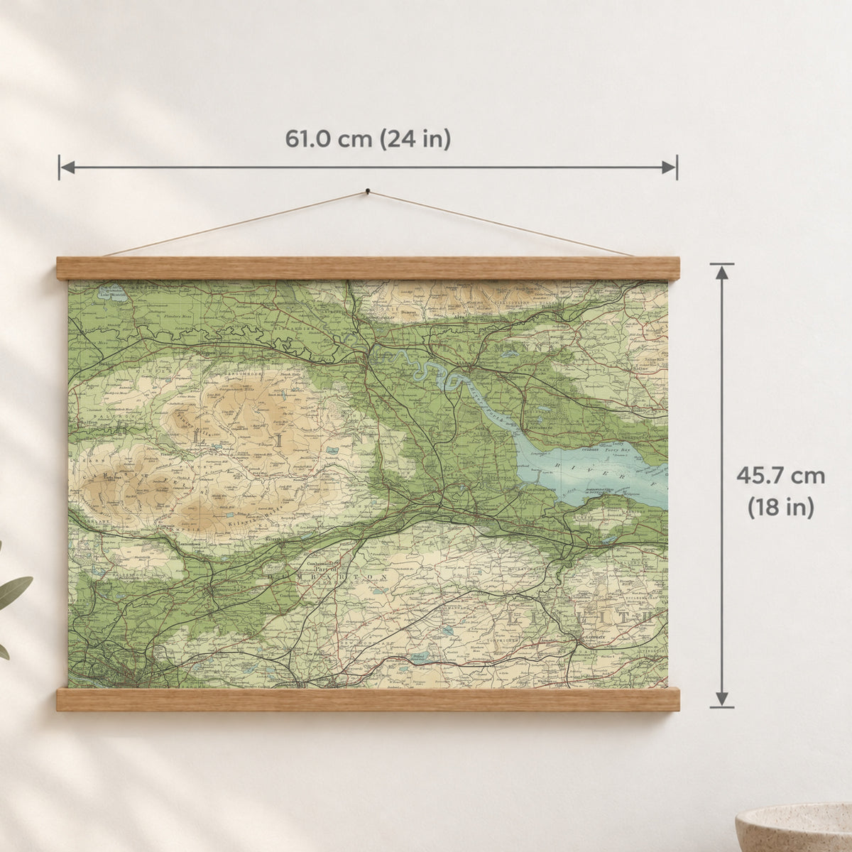 Stirling historic map print, Bartholomew Half-Inch, 1903 — 24 × 18 in · landscape, Canvas, black hanger and Canvas, natural oak hanger and Canvas, white hanger and Fine art paper, black hanger and Fine art paper, natural oak hanger and Fine art paper, no hanger and Fine art paper, white hanger, hanger front mockup