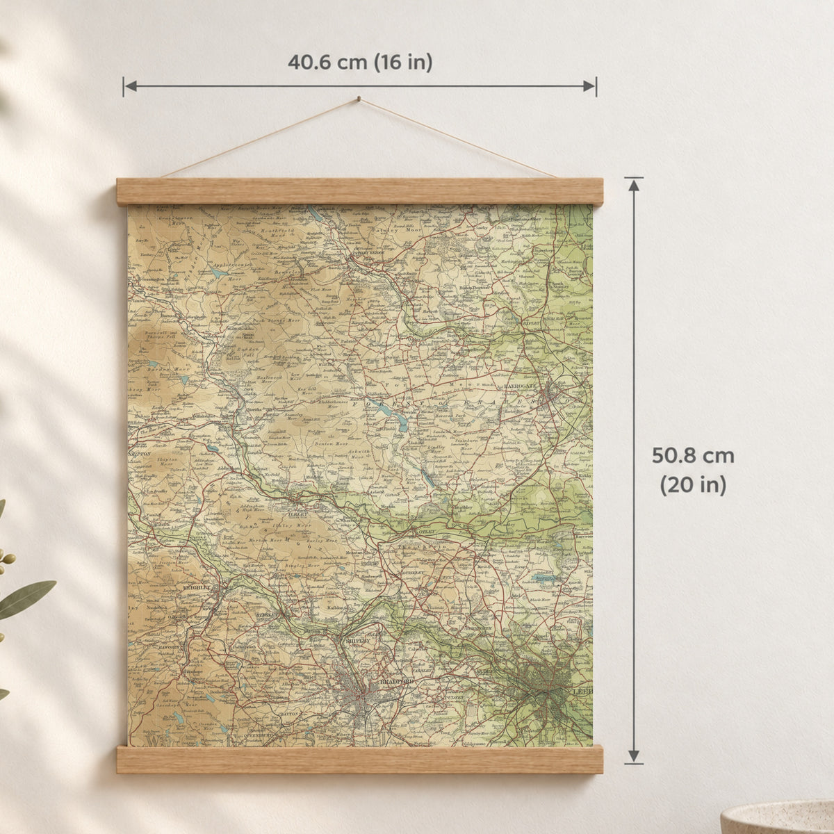 Bradford historic map print, Bartholomew Half-Inch, 1906 — 16 × 20 in · portrait, Canvas, black hanger and Canvas, natural oak hanger and Canvas, white hanger and Fine art paper, black hanger and Fine art paper, natural oak hanger and Fine art paper, no hanger and Fine art paper, white hanger, hanger front mockup