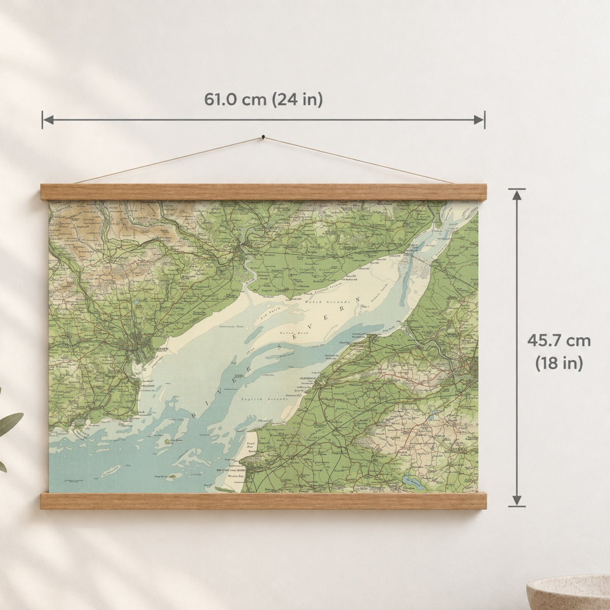 Cardiff historic map print, Bartholomew Half-Inch, 1904 — 24 × 18 in · landscape, Canvas, black hanger and Canvas, natural oak hanger and Canvas, white hanger and Fine art paper, black hanger and Fine art paper, natural oak hanger and Fine art paper, no hanger and Fine art paper, white hanger, hanger front mockup