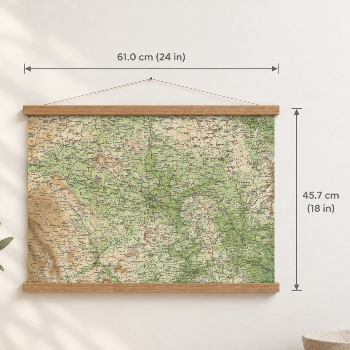 Hereford historic map print, Bartholomew Half-Inch, 1902 — 24 × 18 in · landscape, Canvas, black hanger and Canvas, natural oak hanger and Canvas, white hanger and Fine art paper, black hanger and Fine art paper, natural oak hanger and Fine art paper, no hanger and Fine art paper, white hanger, hanger front mockup
