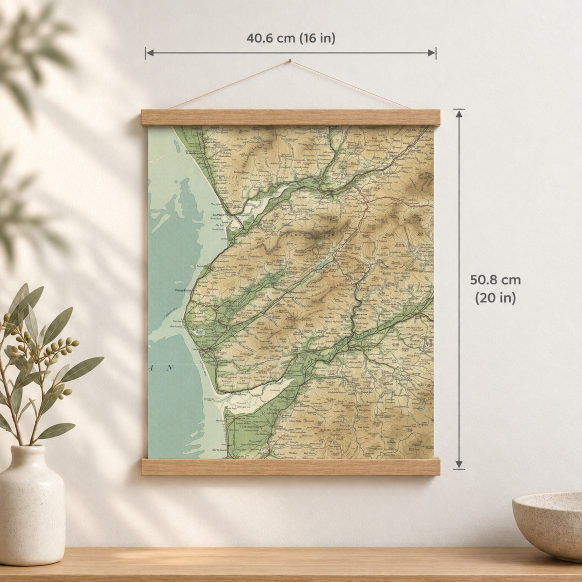 Barmouth historic map print, Bartholomew Half-Inch, 1905 — 16 × 20 in · portrait, Canvas, black hanger and Canvas, natural oak hanger and Canvas, white hanger and Fine art paper, black hanger and Fine art paper, natural oak hanger and Fine art paper, no hanger and Fine art paper, white hanger, hanger front mockup