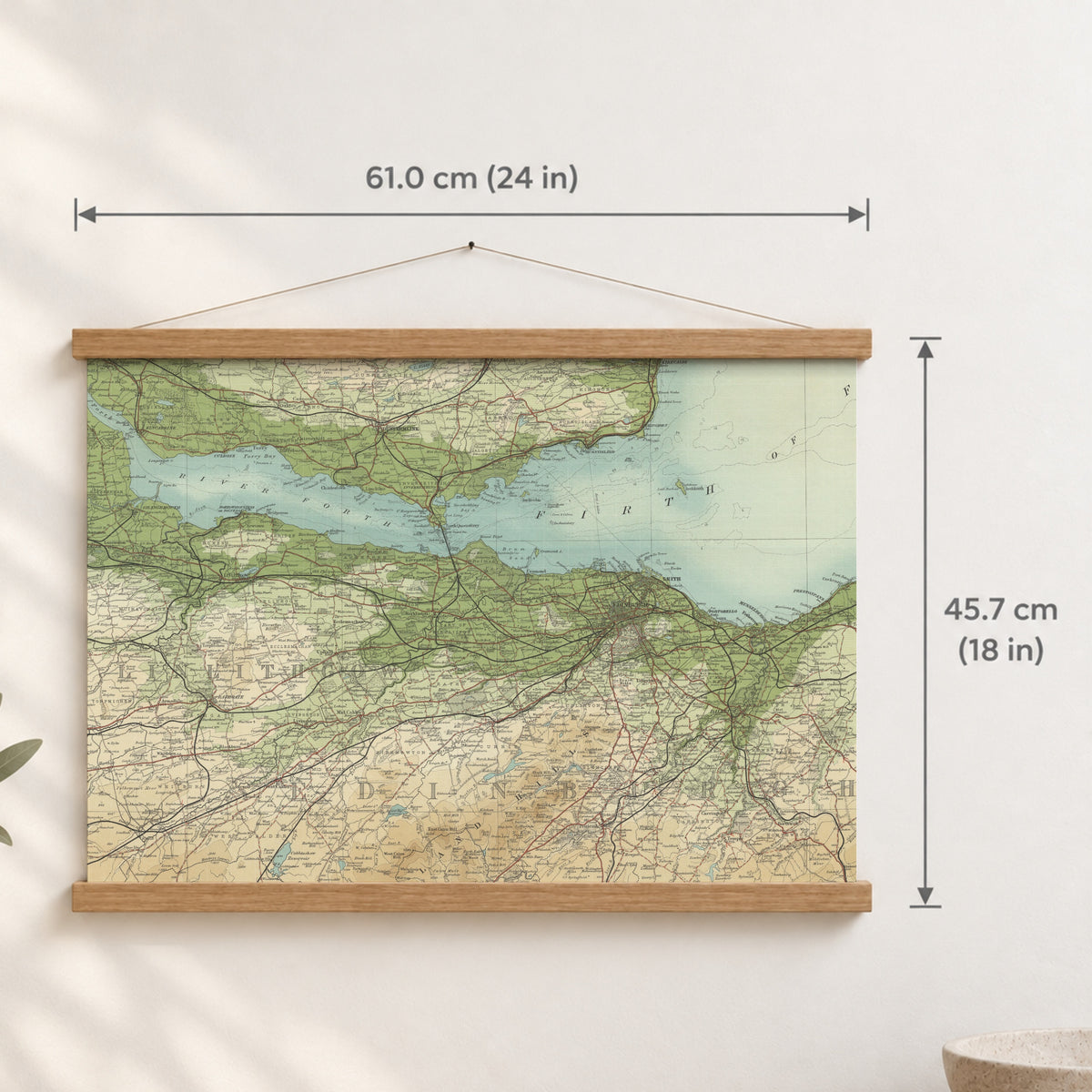 Edinburgh historic map print, Bartholomew Half-Inch, 1903 — 24 × 18 in · landscape, Canvas, black hanger and Canvas, natural oak hanger and Canvas, white hanger and Fine art paper, black hanger and Fine art paper, natural oak hanger and Fine art paper, no hanger and Fine art paper, white hanger, hanger front mockup